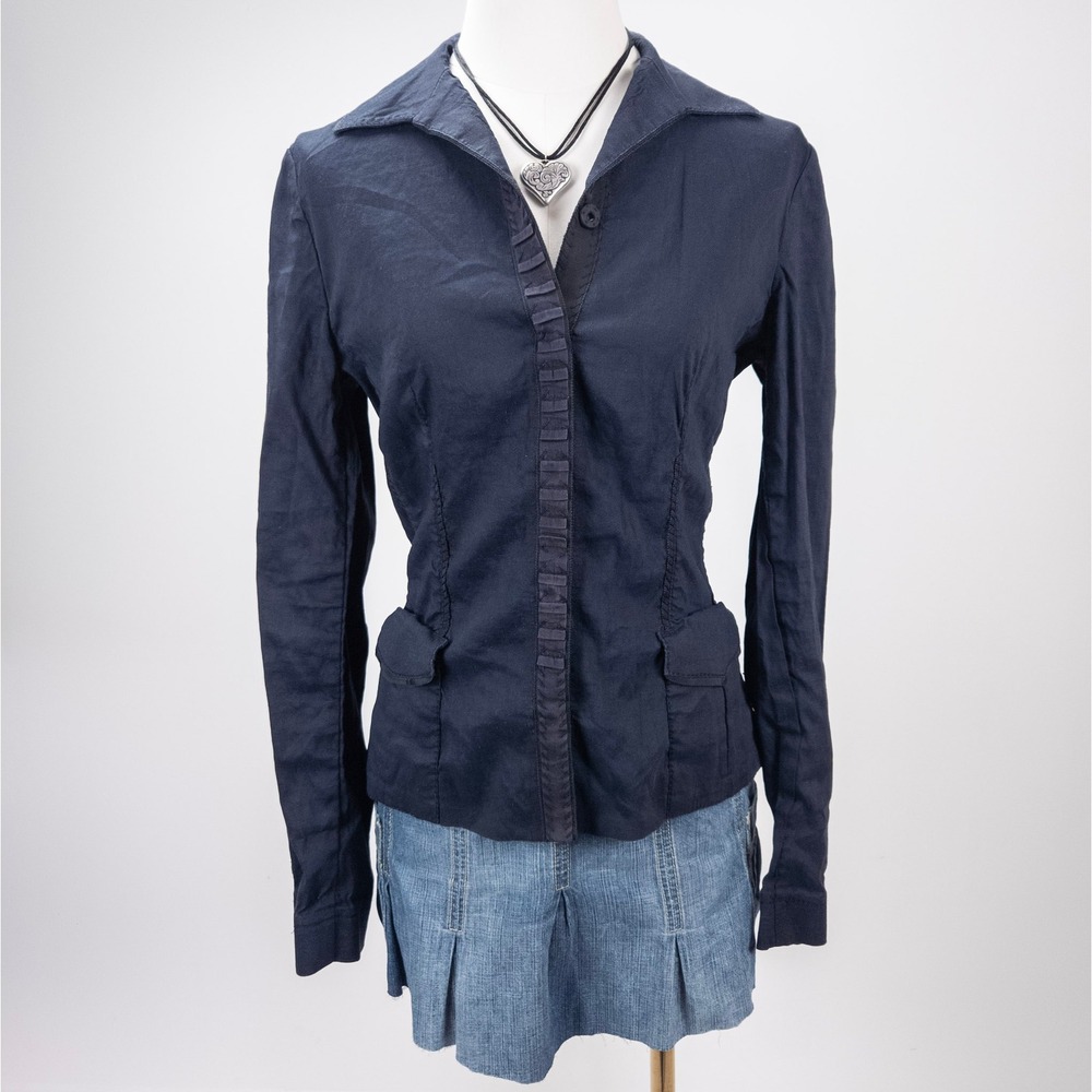 Navy‎ Linen Blend Fitted Blazer - Minimalist Officecore Capsule Workwear
